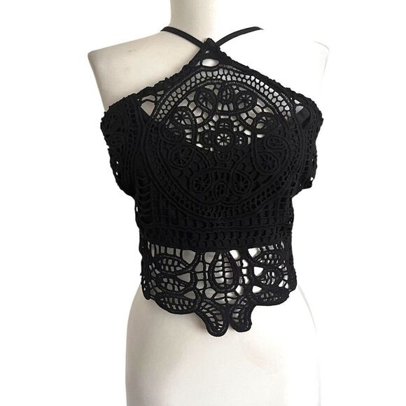 Unbranded Tops - Y2K Crochet corset Crop Top Black Lace-Up Back S Goth Whimsigoth renaissance